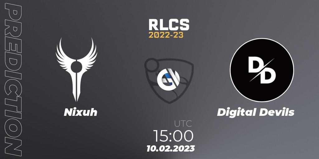 Nixuh contre Digital Devils : prédiction de match. 10.02.2023 at 15:00. Rocket League, RLCS 2022-23 - Winter: Sub-Saharan Africa Regional 2 - Winter Cup