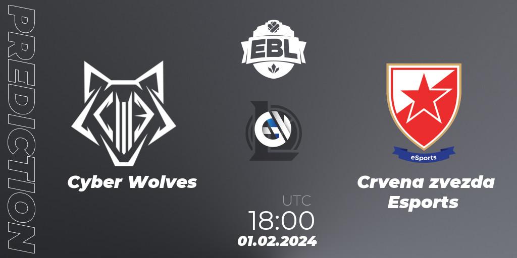 Cyber Wolves contre Crvena zvezda Esports : prédiction de match. 01.02.2024 at 18:00. LoL, Esports Balkan League Season 14