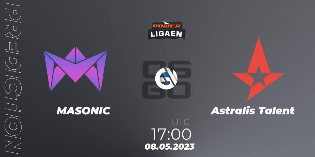 MASONIC contre Astralis Talent : prédiction de match. 08.05.2023 at 17:00. Counter-Strike (CS2), Dust2.dk Ligaen Season 23