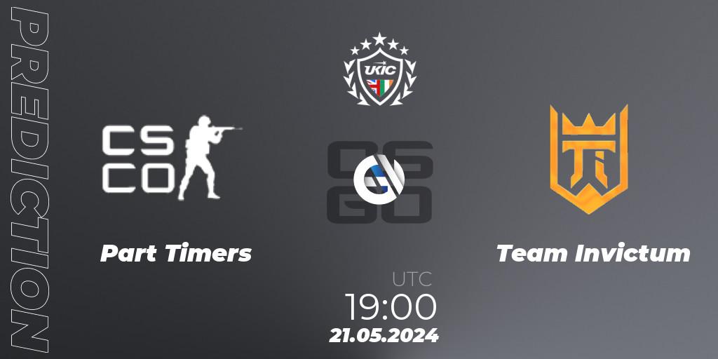 Part Timers contre Team Invictum : prédiction de match. 21.05.2024 at 19:00. Counter-Strike (CS2), UKIC League Season 2: Division 1
