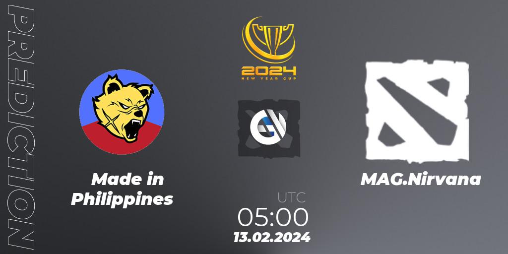 Made in Philippines contre MAG.Nirvana : prédiction de match. 13.02.2024 at 05:10. Dota 2, New Year Cup 2024