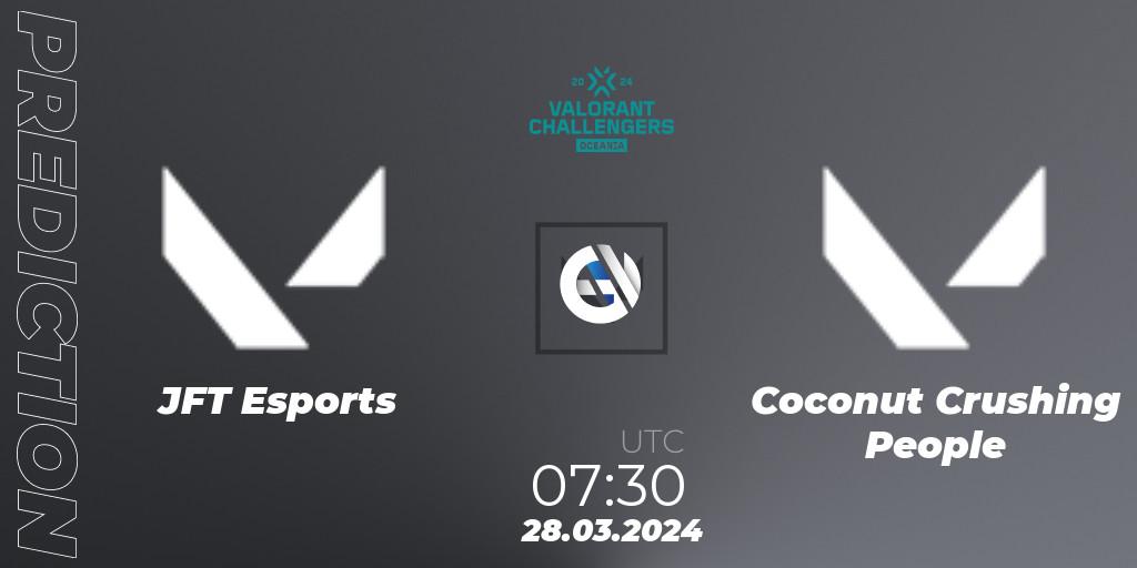 JFT Esports contre Coconut Crushing People : prédiction de match. 28.03.2024 at 07:30. VALORANT, VALORANT Challengers 2024 Oceania: Split 1