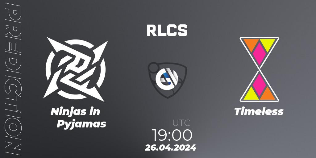 Ninjas in Pyjamas contre Timeless : prédiction de match. 26.04.2024 at 19:00. Rocket League, RLCS 2024 - Major 2: SAM Open Qualifier 4