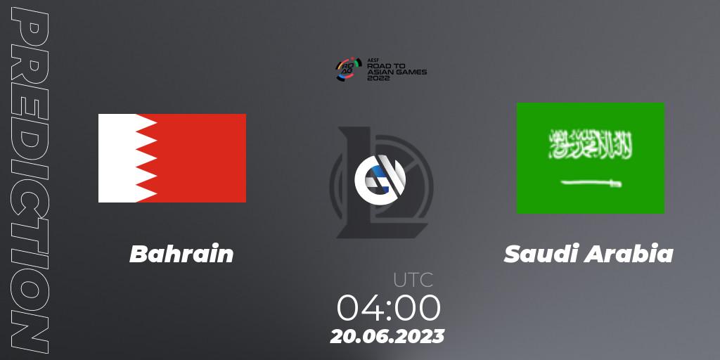 Bahrain contre Saudi Arabia : prédiction de match. 20.06.2023 at 04:00. LoL, 2022 AESF Road to Asian Games - West Asia