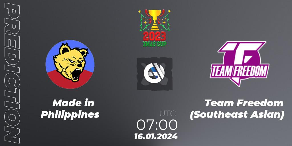 Made in Philippines contre Team Freedom (Southeast Asian) : prédiction de match. 16.01.2024 at 07:15. Dota 2, Xmas Cup 2023
