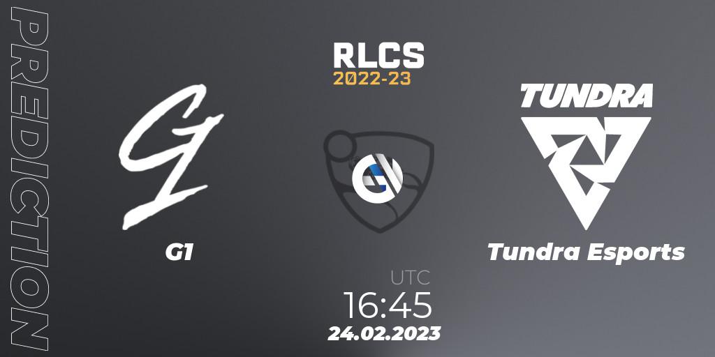 G1 contre Tundra Esports : prédiction de match. 24.02.2023 at 16:45. Rocket League, RLCS 2022-23 - Winter: Europe Regional 3 - Winter Invitational
