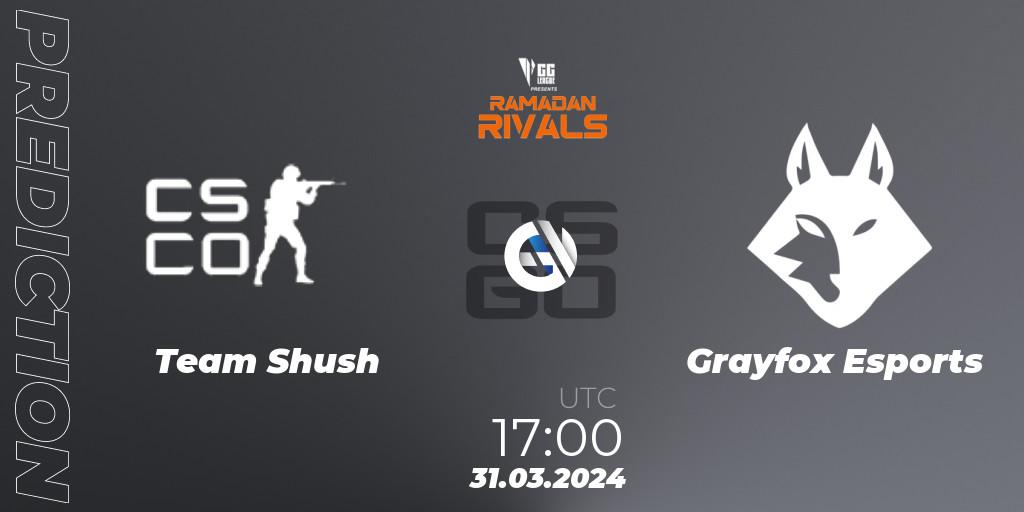 Team Shush contre Grayfox Esports : prédiction de match. 31.03.2024 at 17:00. Counter-Strike (CS2), GG League Ramadan Rivals 2024: Open Qualifier #3