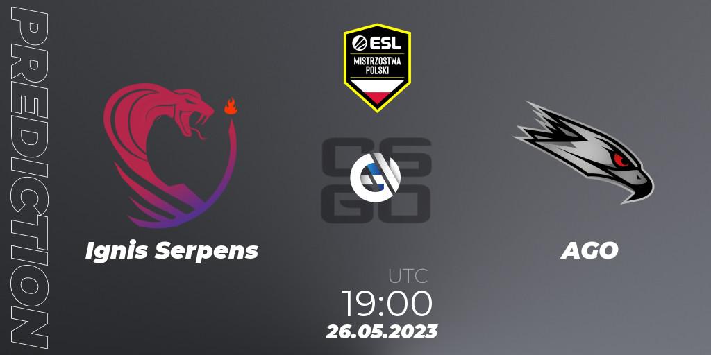 Ignis Serpens contre AGO : prédiction de match. 26.05.2023 at 19:30. Counter-Strike (CS2), ESL Mistrzostwa Polski Spring 2023