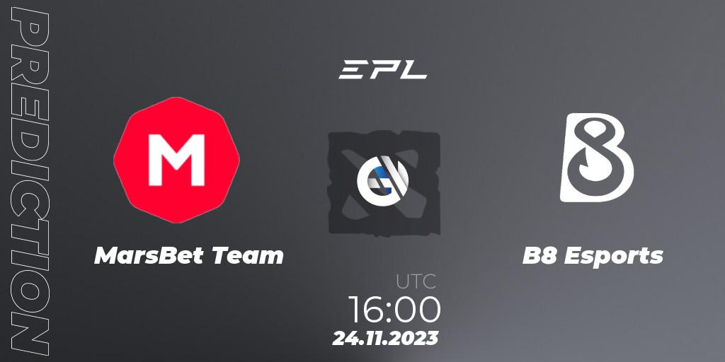 MarsBet Team contre B8 Esports : prédiction de match. 24.11.2023 at 16:00. Dota 2, European Pro League Season 14