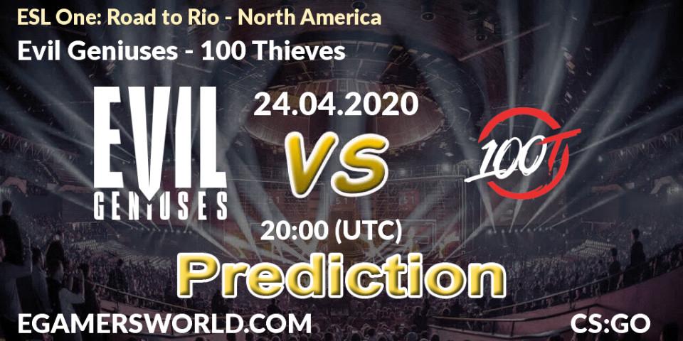 Evil Geniuses contre 100 Thieves : prédiction de match. 24.04.20. CS2 (CS:GO), ESL One: Road to Rio - North America