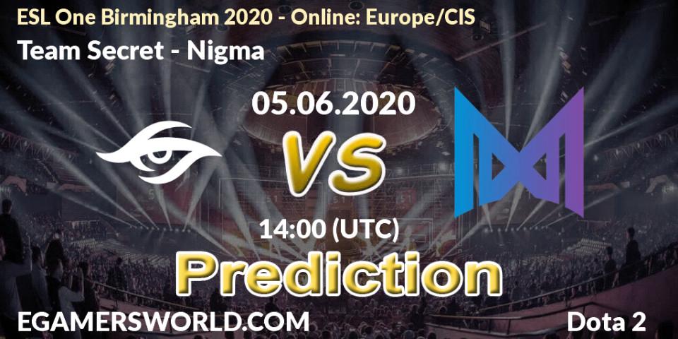 Team Secret contre Nigma : prédiction de match. 05.06.20. Dota 2, ESL One Birmingham 2020 - Online: Europe/CIS