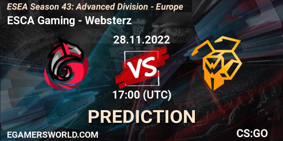 ESCA Gaming contre Websterz : prédiction de match. 28.11.22. CS2 (CS:GO), ESEA Season 43: Advanced Division - Europe