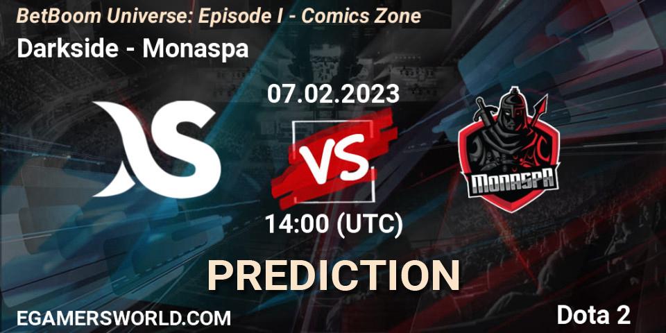 Darkside contre Monaspa : prédiction de match. 07.02.23. Dota 2, BetBoom Universe: Episode I - Comics Zone