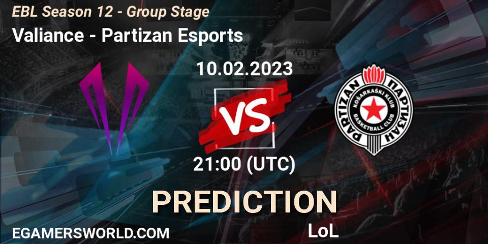 Valiance contre Partizan Esports : prédiction de match. 10.02.23. LoL, EBL Season 12 - Group Stage