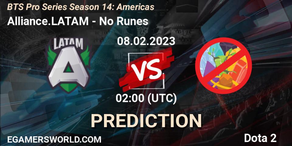 Alliance.LATAM contre No Runes : prédiction de match. 10.02.23. Dota 2, BTS Pro Series Season 14: Americas