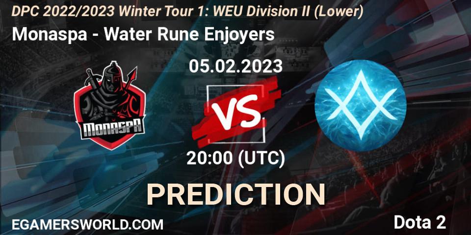 Monaspa contre Water Rune Enjoyers : prédiction de match. 05.02.23. Dota 2, DPC 2022/2023 Winter Tour 1: WEU Division II (Lower)
