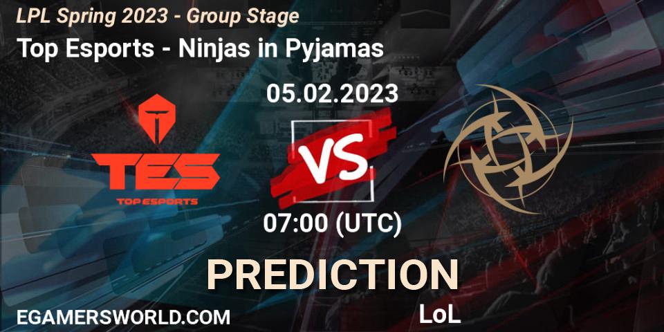 Top Esports contre Ninjas in Pyjamas : prédiction de match. 05.02.23. LoL, LPL Spring 2023 - Group Stage