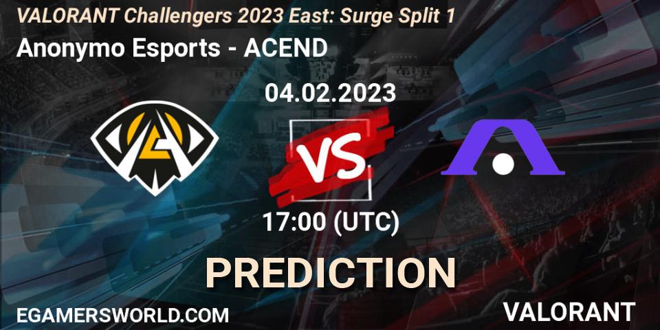 Anonymo Esports contre ACEND : prédiction de match. 04.02.23. VALORANT, VALORANT Challengers 2023 East: Surge Split 1