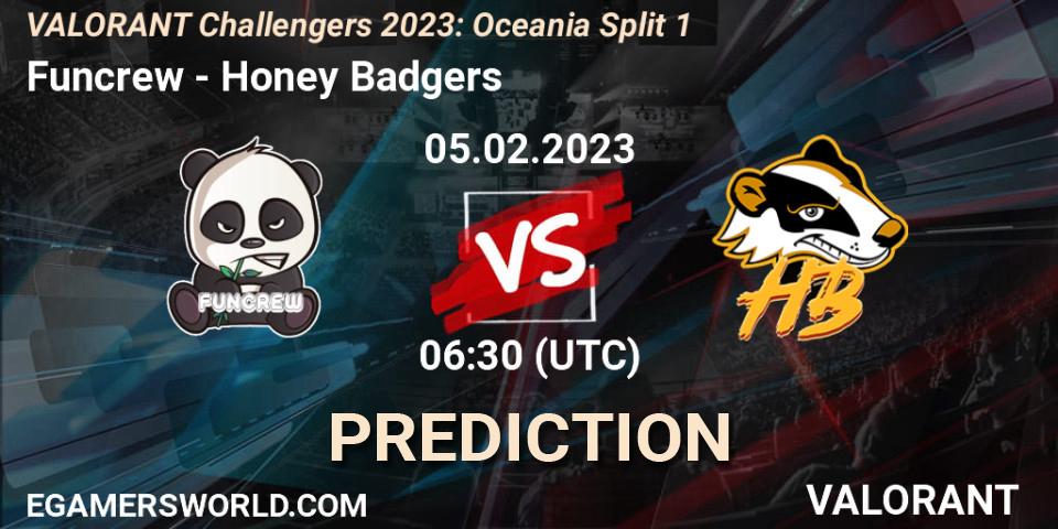 Funcrew contre Honey Badgers : prédiction de match. 05.02.23. VALORANT, VALORANT Challengers 2023: Oceania Split 1