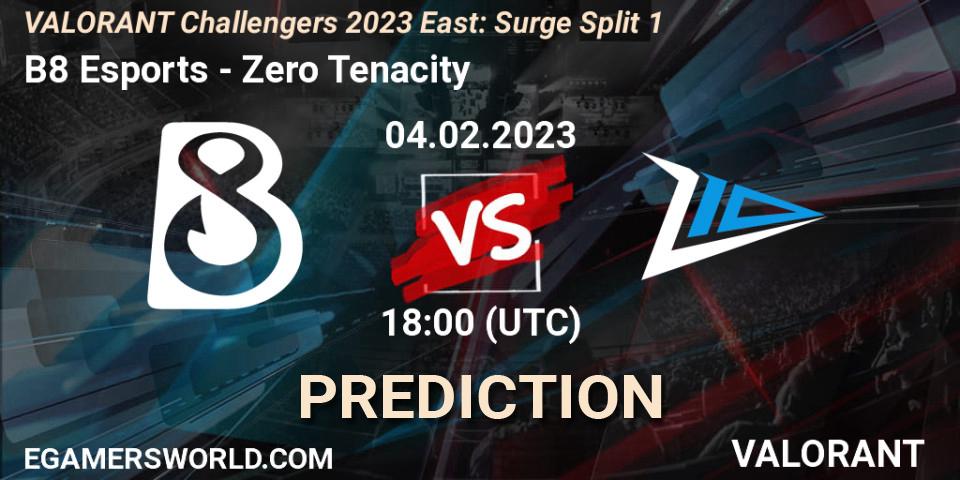B8 Esports contre Zero Tenacity : prédiction de match. 04.02.23. VALORANT, VALORANT Challengers 2023 East: Surge Split 1