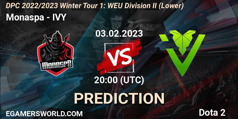 Monaspa contre IVY : prédiction de match. 03.02.23. Dota 2, DPC 2022/2023 Winter Tour 1: WEU Division II (Lower)