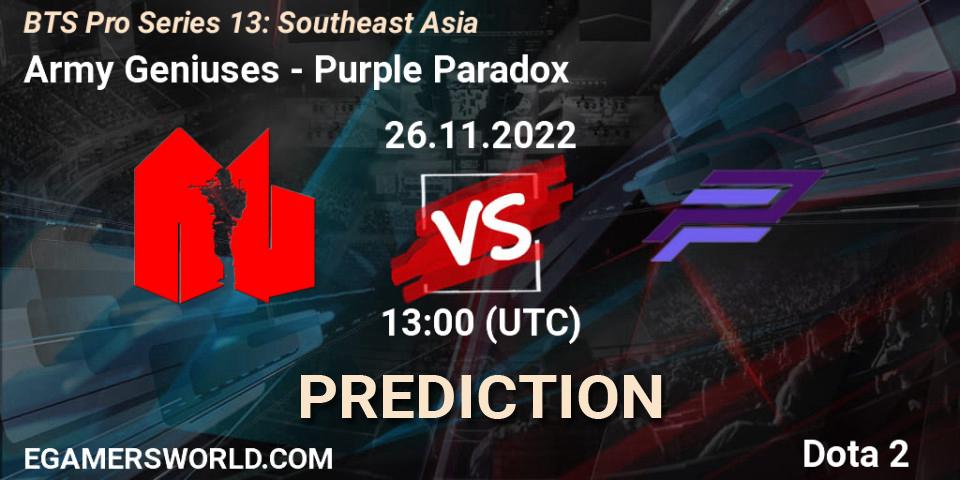 Army Geniuses contre Purple Paradox : prédiction de match. 29.11.22. Dota 2, BTS Pro Series 13: Southeast Asia