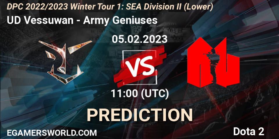 UD Vessuwan contre Army Geniuses : prédiction de match. 05.02.23. Dota 2, DPC 2022/2023 Winter Tour 1: SEA Division II (Lower)