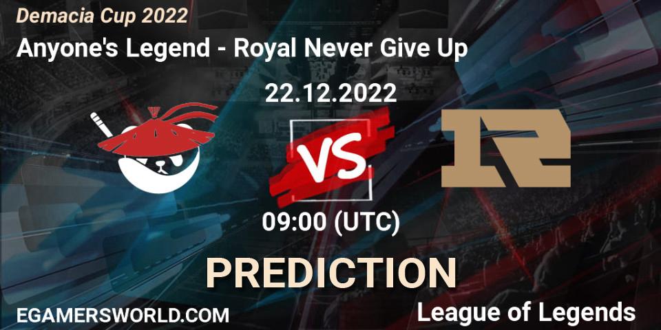 Anyone's Legend contre Royal Never Give Up : prédiction de match. 22.12.22. LoL, Demacia Cup 2022