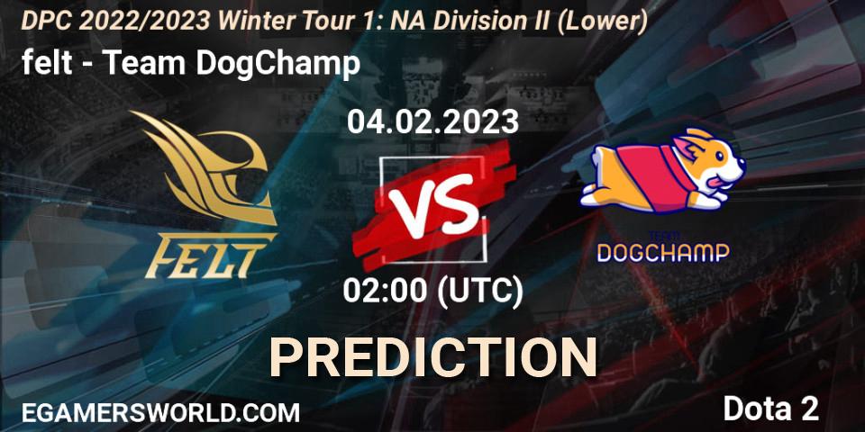 felt contre Team DogChamp : prédiction de match. 04.02.23. Dota 2, DPC 2022/2023 Winter Tour 1: NA Division II (Lower)