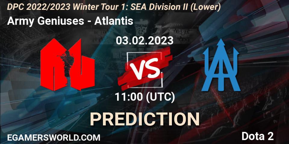 Army Geniuses contre Atlantis : prédiction de match. 03.02.23. Dota 2, DPC 2022/2023 Winter Tour 1: SEA Division II (Lower)