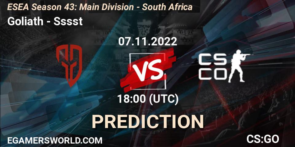 Goliath contre Sssst : prédiction de match. 28.11.22. CS2 (CS:GO), ESEA Season 43: Main Division - South Africa
