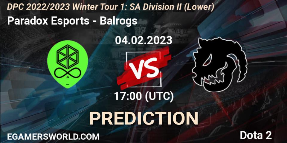 Paradox Esports contre Balrogs : prédiction de match. 04.02.23. Dota 2, DPC 2022/2023 Winter Tour 1: SA Division II (Lower)