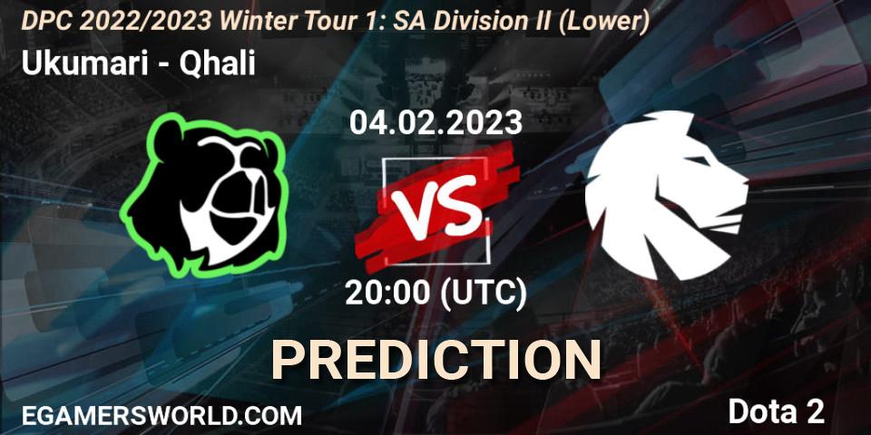 Ukumari contre Qhali : prédiction de match. 04.02.23. Dota 2, DPC 2022/2023 Winter Tour 1: SA Division II (Lower)