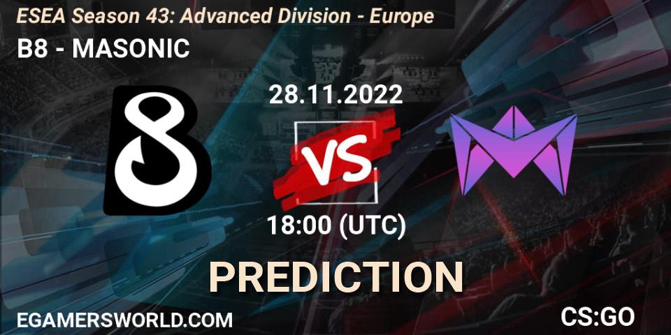 B8 contre MASONIC : prédiction de match. 28.11.22. CS2 (CS:GO), ESEA Season 43: Advanced Division - Europe