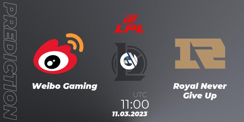 Weibo Gaming contre Royal Never Give Up : prédiction de match. 11.03.23. LoL, LPL Spring 2023 - Group Stage
