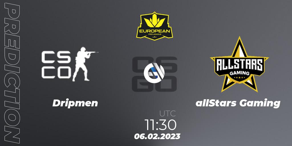 Dripmen contre allStars Gaming : prédiction de match. 06.02.23. CS2 (CS:GO), European Pro League Season 6: Division 2